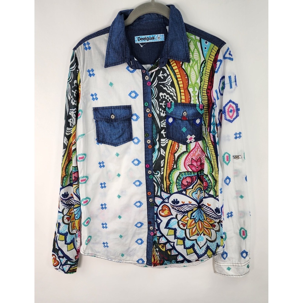 Desigual Patchwork TopWomen's M White Button-Up Embroidered Art Denim